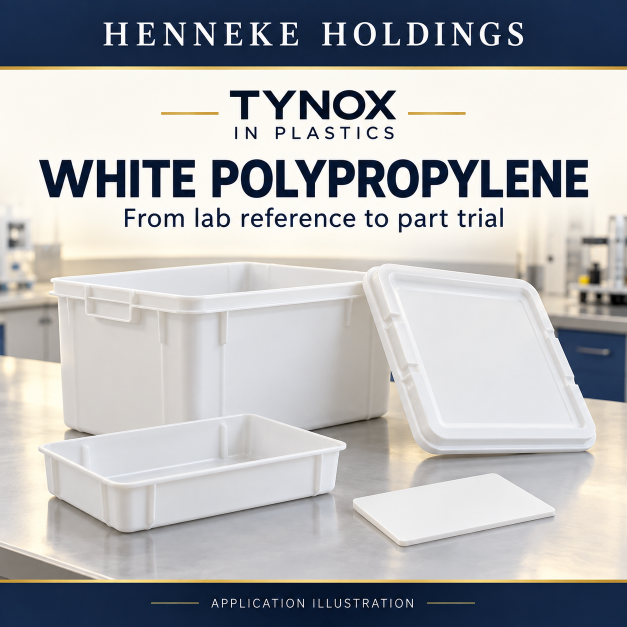 Illustrative white polypropylene storage box, lid, utility tray and test plaque; not customer trial parts