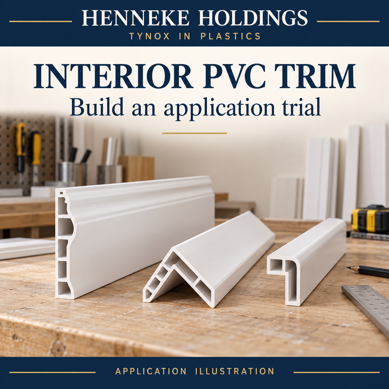 Illustrative white PVC baseboard, corner trim and profile sections; no completed customer trial is shown