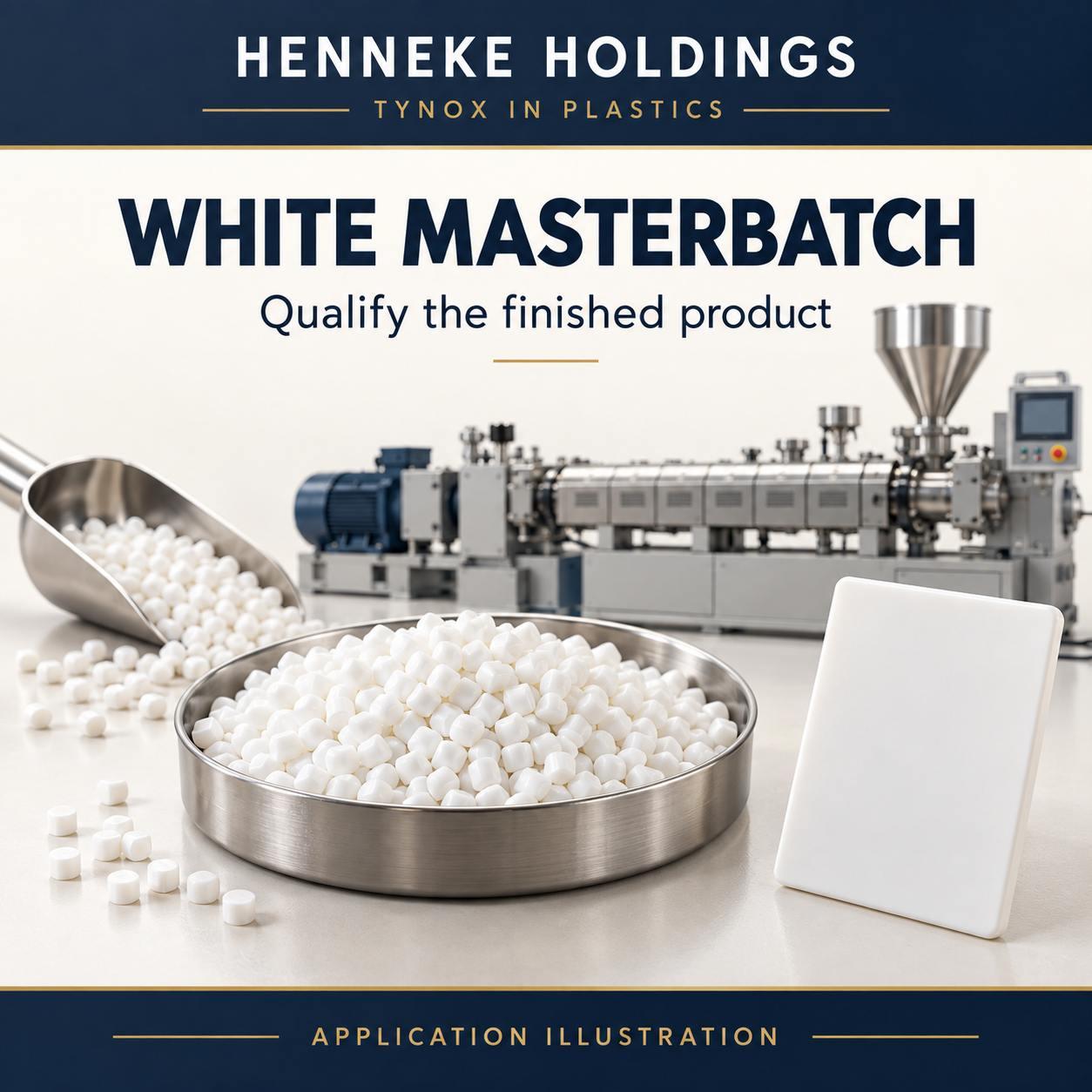 Illustrative white masterbatch pellets, compounding equipment and test plaque; not a customer production line